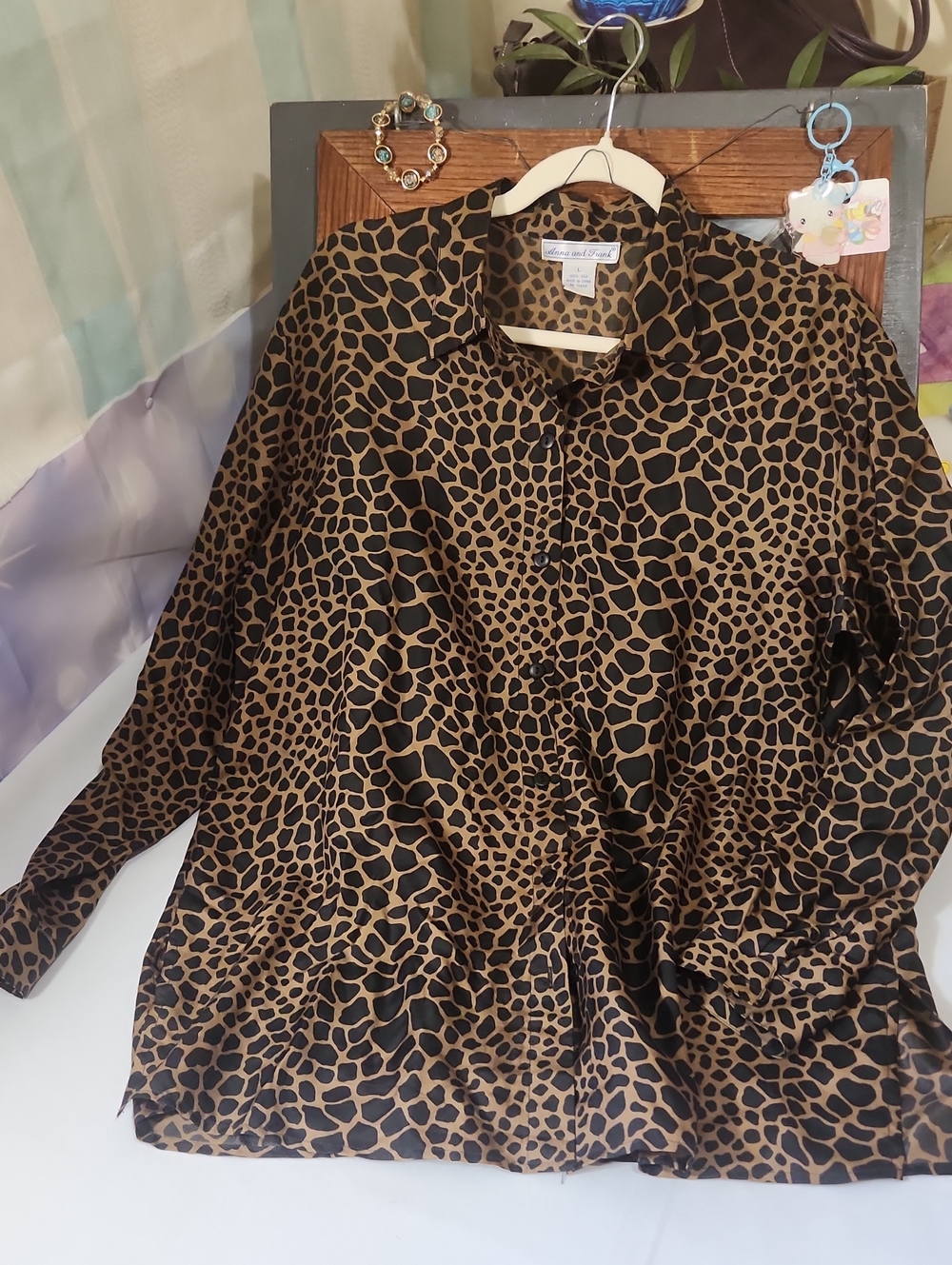 Anna and Frank Leopard Print Silk Button Down Shirt in Brown and Black